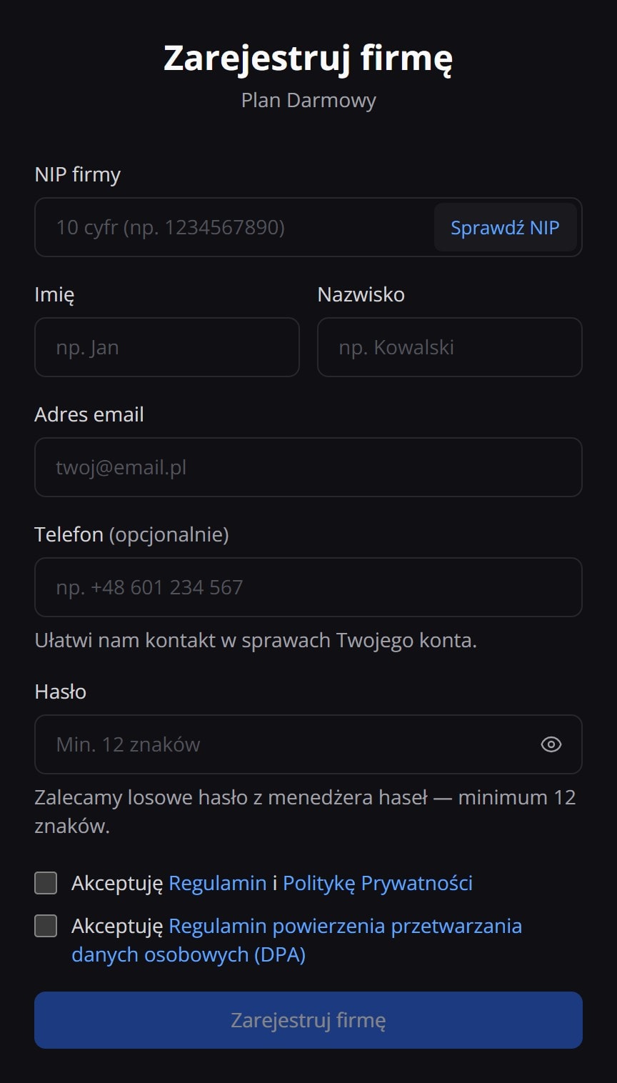 Formularz rejestracji firmy w bilans.ai: nagłówek Zarejestruj firmę z podpisem Plan Darmowy, pola NIP firmy z przyciskiem Sprawdź NIP, Imię, Nazwisko, Adres email, Telefon (opcjonalnie), Hasło, dwa pola zgód i nieaktywny przycisk Zarejestruj firmę
