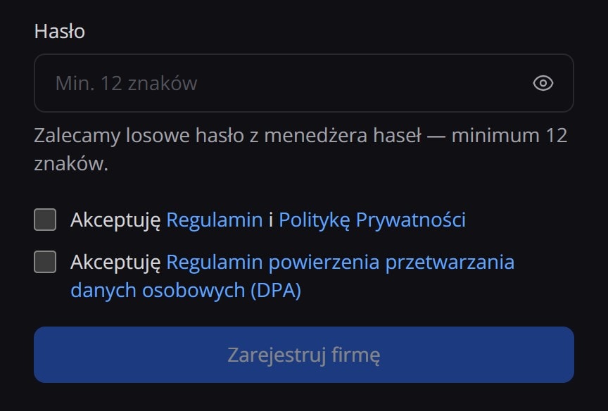 Dolna część formularza rejestracji: pole hasła, dwa pola zgód — Regulamin i Polityka Prywatności oraz Regulamin powierzenia przetwarzania danych osobowych (DPA) — i nieaktywny przycisk Zarejestruj firmę