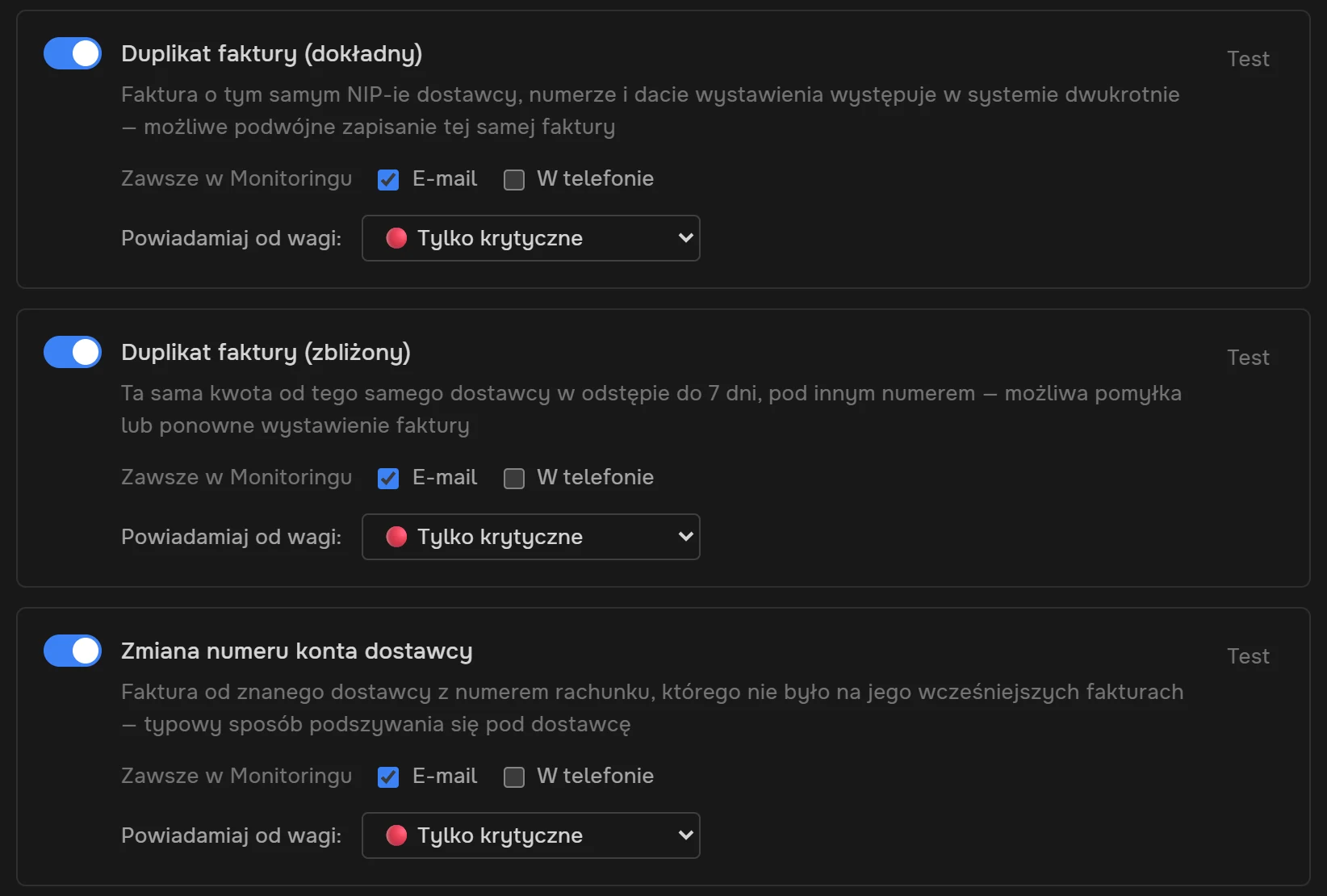 Reguły „Duplikat faktury (dokładny)”, „Duplikat faktury (zbliżony)” i „Zmiana numeru konta dostawcy”: włącznik, zawsze w Monitoringu, e-mail włączony, telefon do wyboru, powiadomienia od wagi „Tylko krytyczne” i przycisk Test