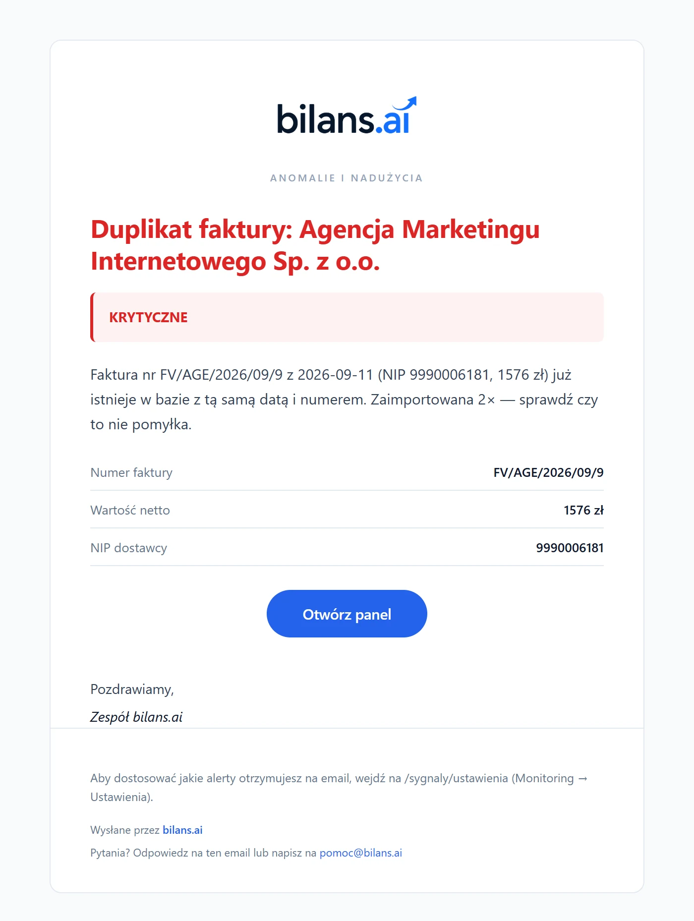 E-mail bilans.ai „Duplikat faktury: Agencja Marketingu Internetowego Sp. z o.o.” z oznaczeniem „Krytyczne”, opisem sprawy, numerem faktury, wartością netto, NIP-em dostawcy i przyciskiem „Otwórz panel”