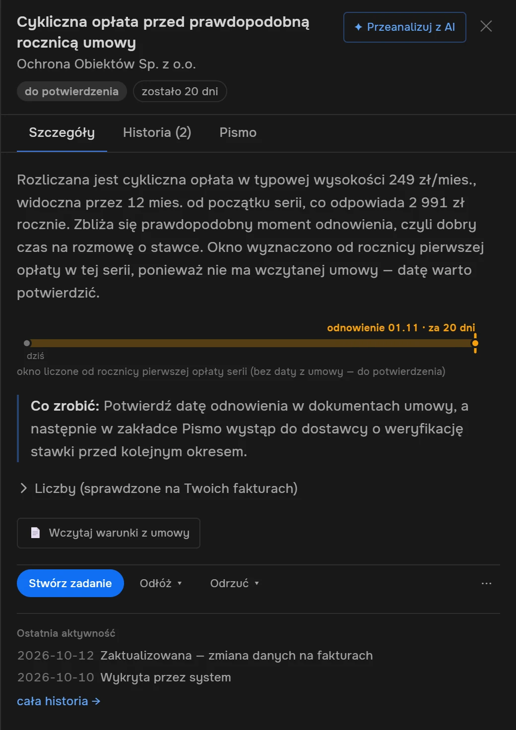 Panel karty „Cykliczna opłata przed prawdopodobną rocznicą umowy” dla ochrony obiektu: 249 zł miesięcznie, 2 991 zł rocznie, oś do odnowienia 01.11 za 20 dni liczona od rocznicy pierwszej opłaty, krok „Co zrobić” i przycisk „Wczytaj warunki z umowy”